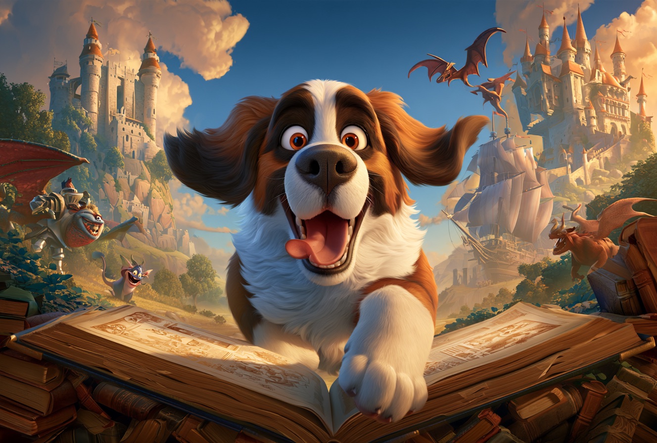 Basil, a big St. Bernard, bounds out of a giant open storybook into a world of castles, a sailing ship, and friendly dragons.